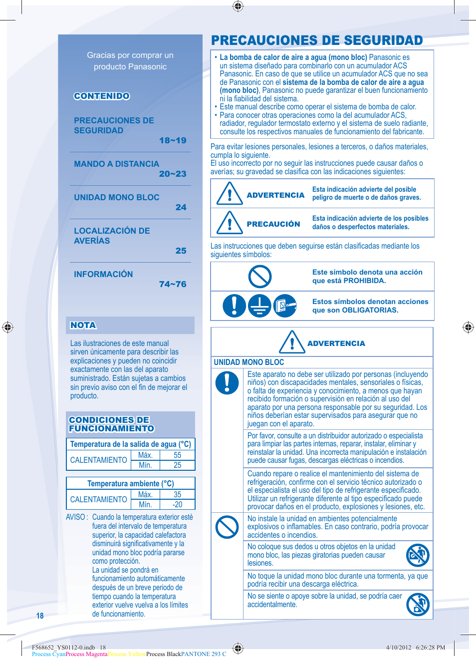 Precauciones de seguridad | Panasonic WHMDF09C3E8 User Manual | Page 18 / 76
