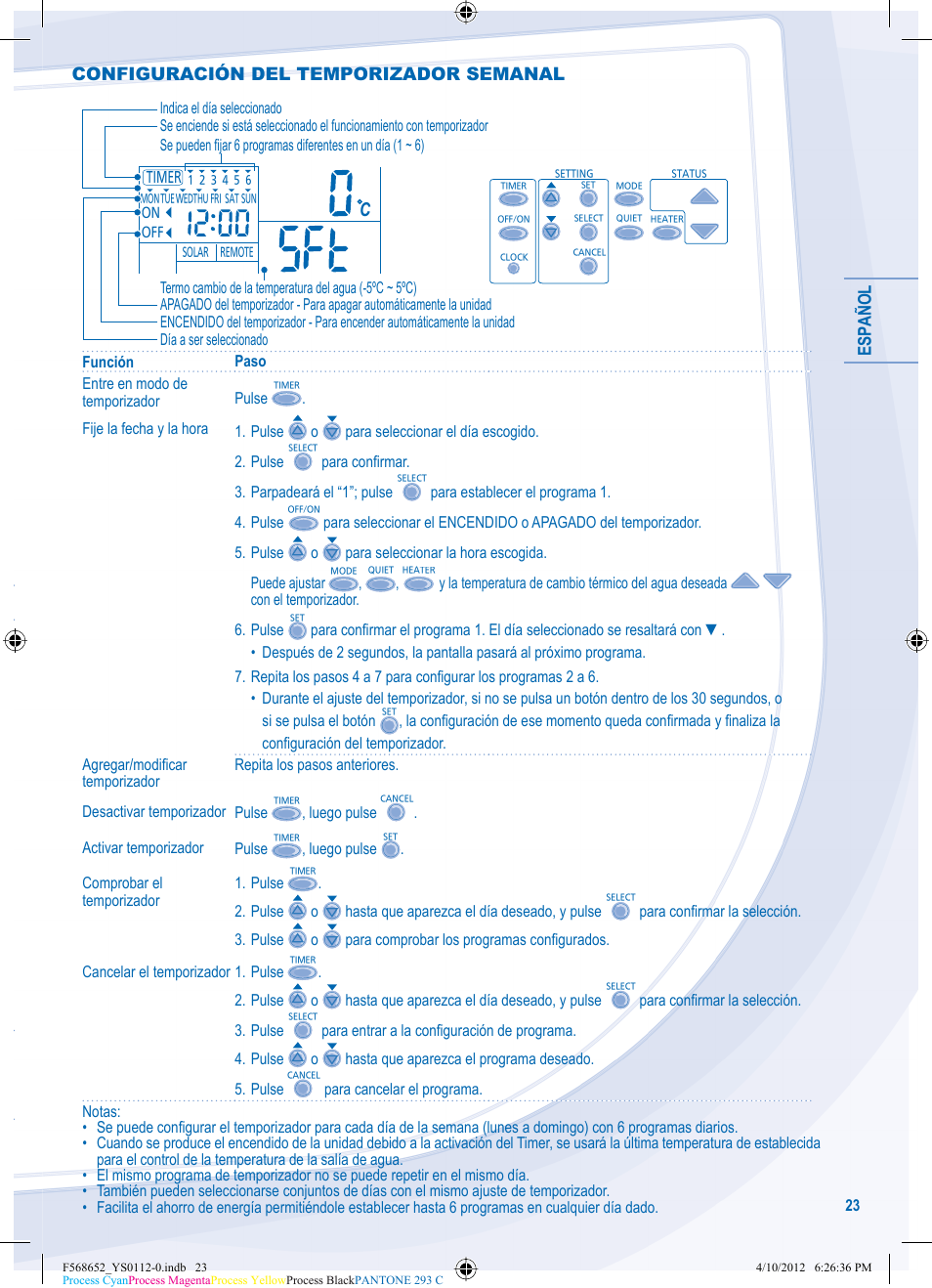 Esp añol, Configuración del temporizador semanal | Panasonic WHMDF09C3E8 User Manual | Page 23 / 76