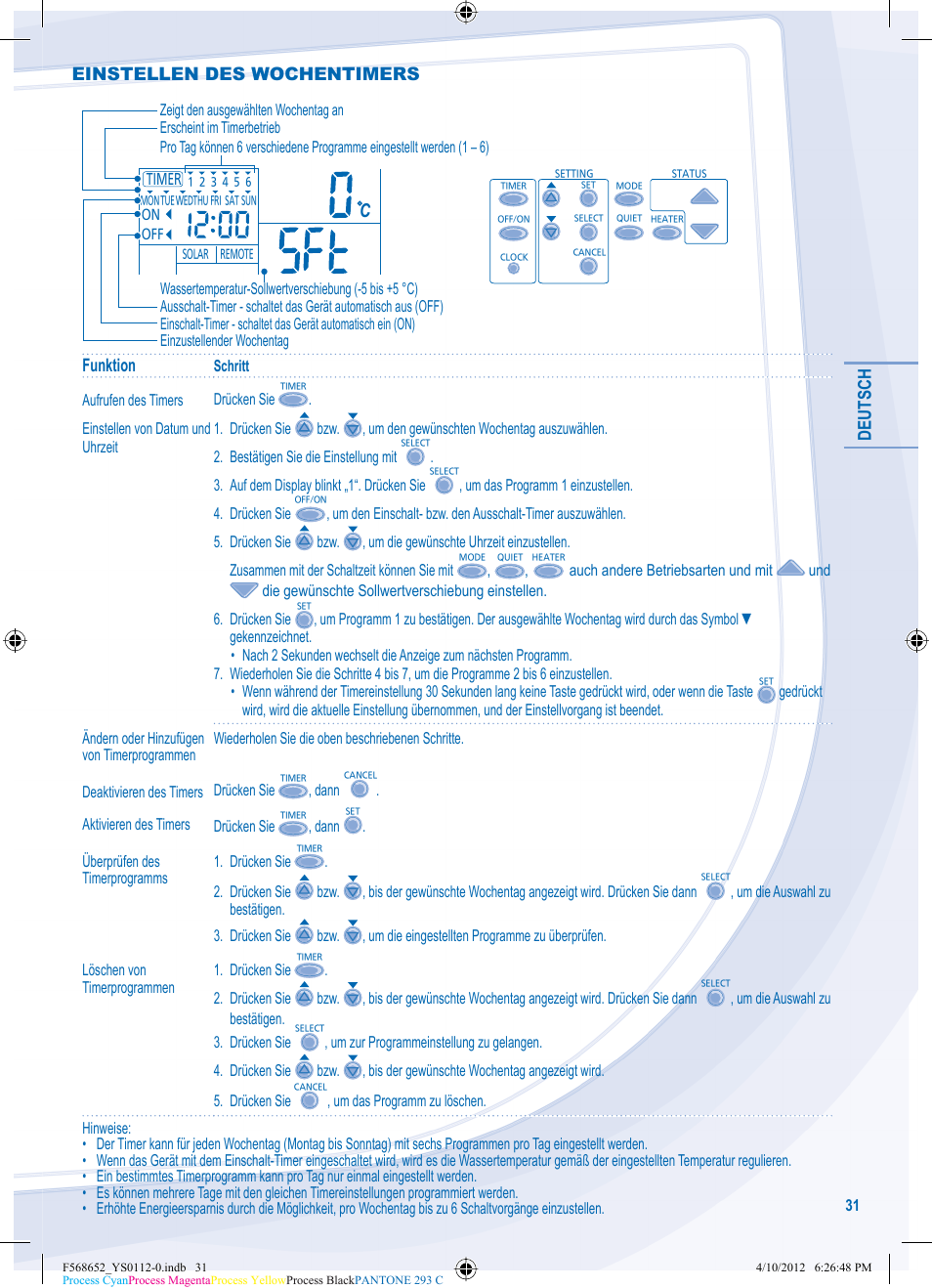 Deutsch, Funktion, Einstellen des wochentimers | Panasonic WHMDF09C3E8 User Manual | Page 31 / 76