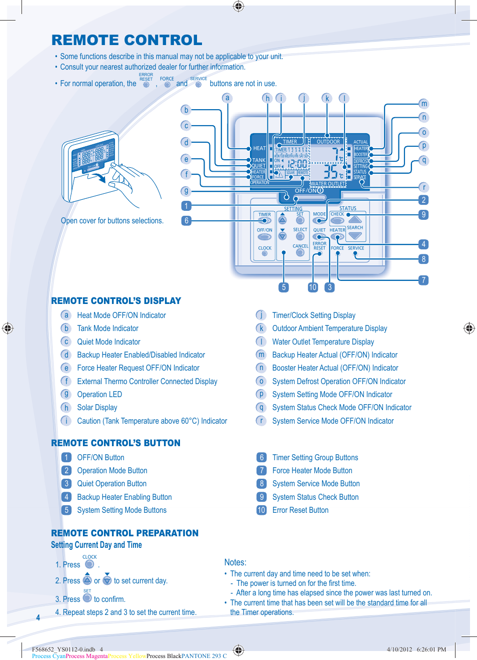 Remote control, Setting up the special functions, Remote control’s display | Remote control’s button, Buttons are not in use, Open cover for buttons selections, Press or to set current day. 3. press | Panasonic WHMDF09C3E8 User Manual | Page 4 / 76