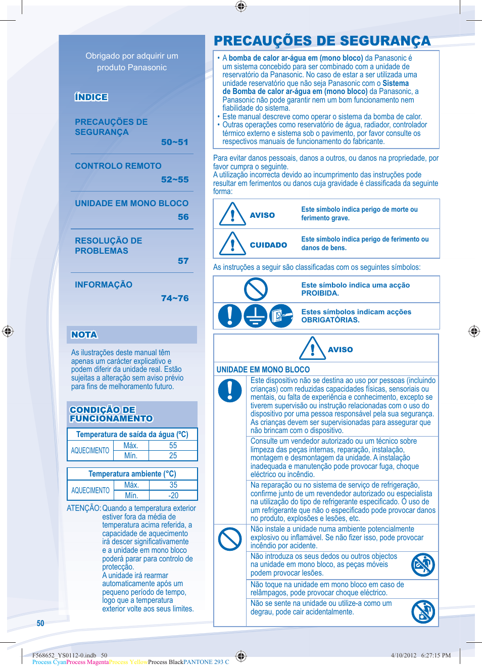Precauções de segurança | Panasonic WHMDF09C3E8 User Manual | Page 50 / 76