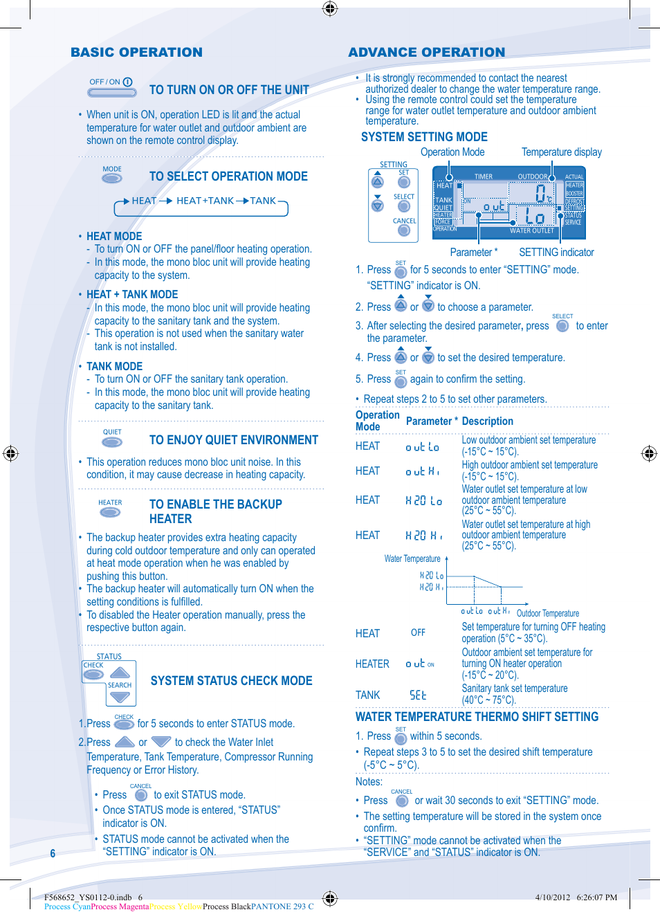 Basic operation, System status check mode, System setting mode | Water temperature thermo shift setting, Advance operation | Panasonic WHMDF09C3E8 User Manual | Page 6 / 76