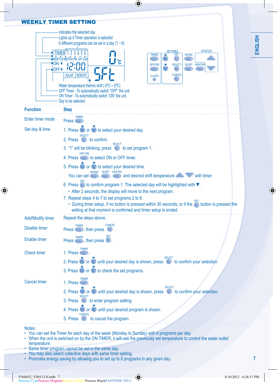 English, Weekly timer setting | Panasonic WHMDF09C3E8 User Manual | Page 7 / 76