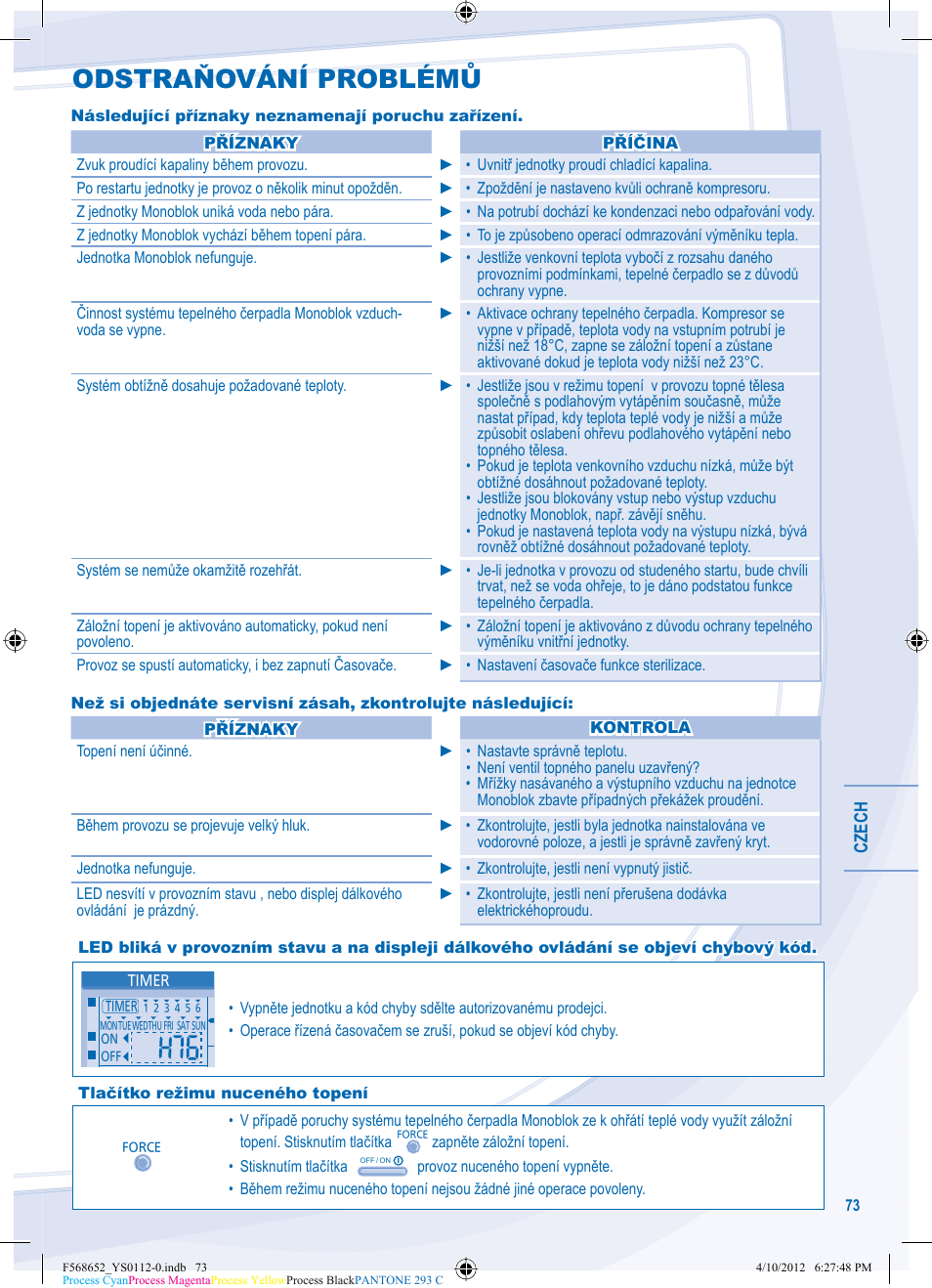 Odstraňování problémů | Panasonic WHMDF09C3E8 User Manual | Page 73 / 76