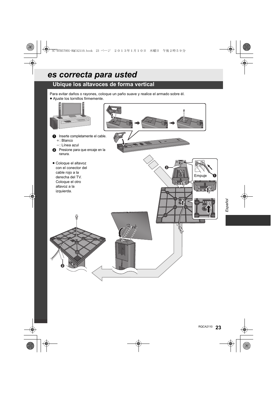 Es correcta para usted, Ubique los altavoces de forma vertical | Panasonic SCHTB570EG User Manual | Page 23 / 52