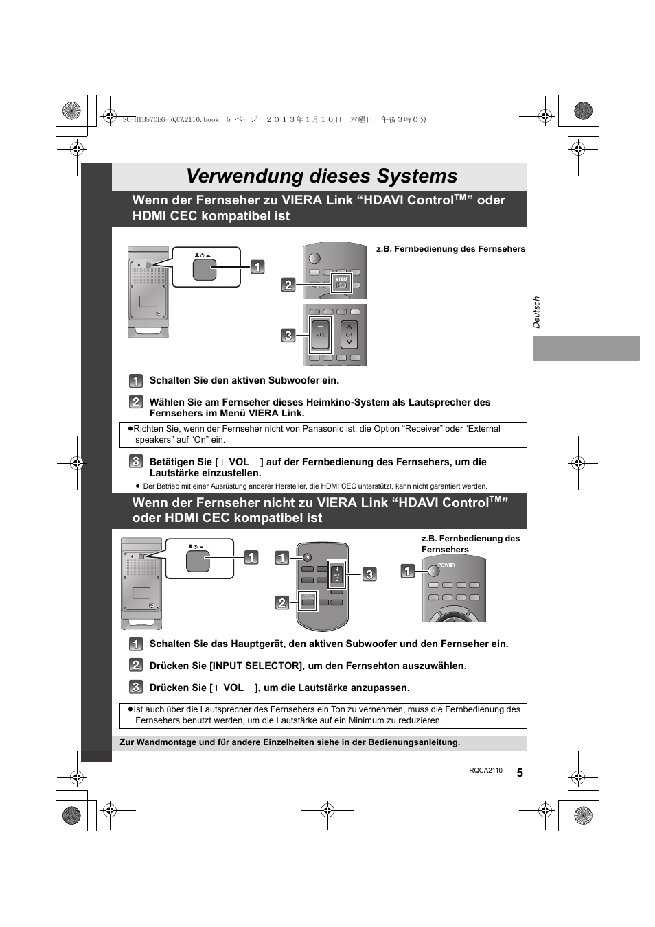 Verwendung dieses systems, Wenn der fernseher zu viera link “hdavi control, Oder hdmi cec kompatibel ist | Panasonic SCHTB570EG User Manual | Page 5 / 52