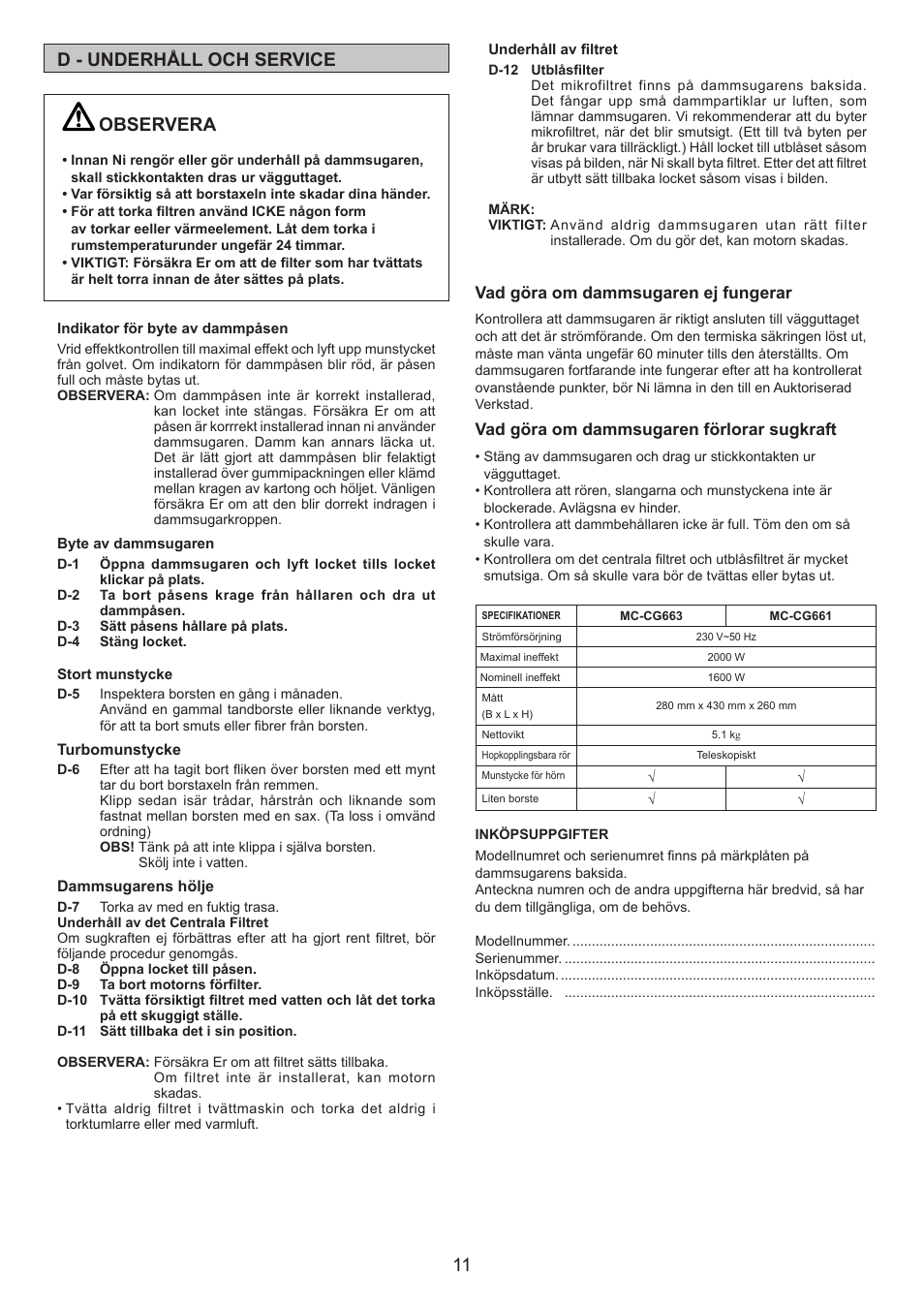 11 d - underhåll och service, Observera | Panasonic MCCG661 User Manual | Page 11 / 32