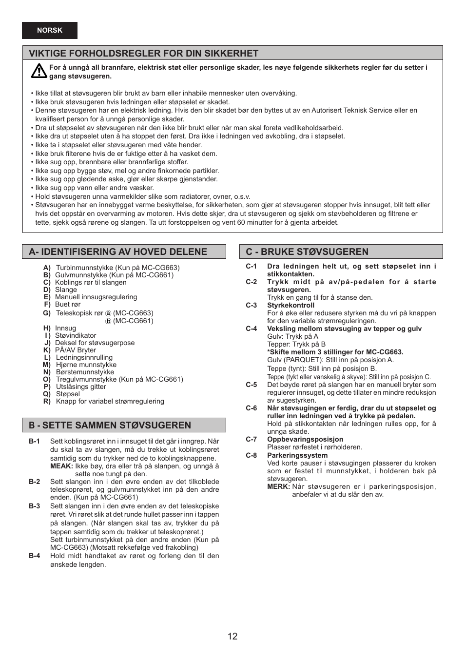 Viktige forholdsregler for din sikkerhet | Panasonic MCCG661 User Manual | Page 12 / 32