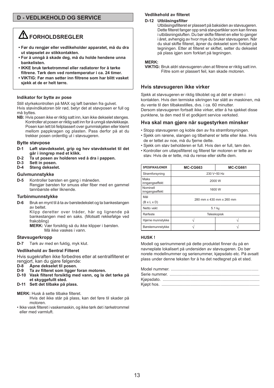 13 d - vedlikehold og service, Forholdsregler | Panasonic MCCG661 User Manual | Page 13 / 32