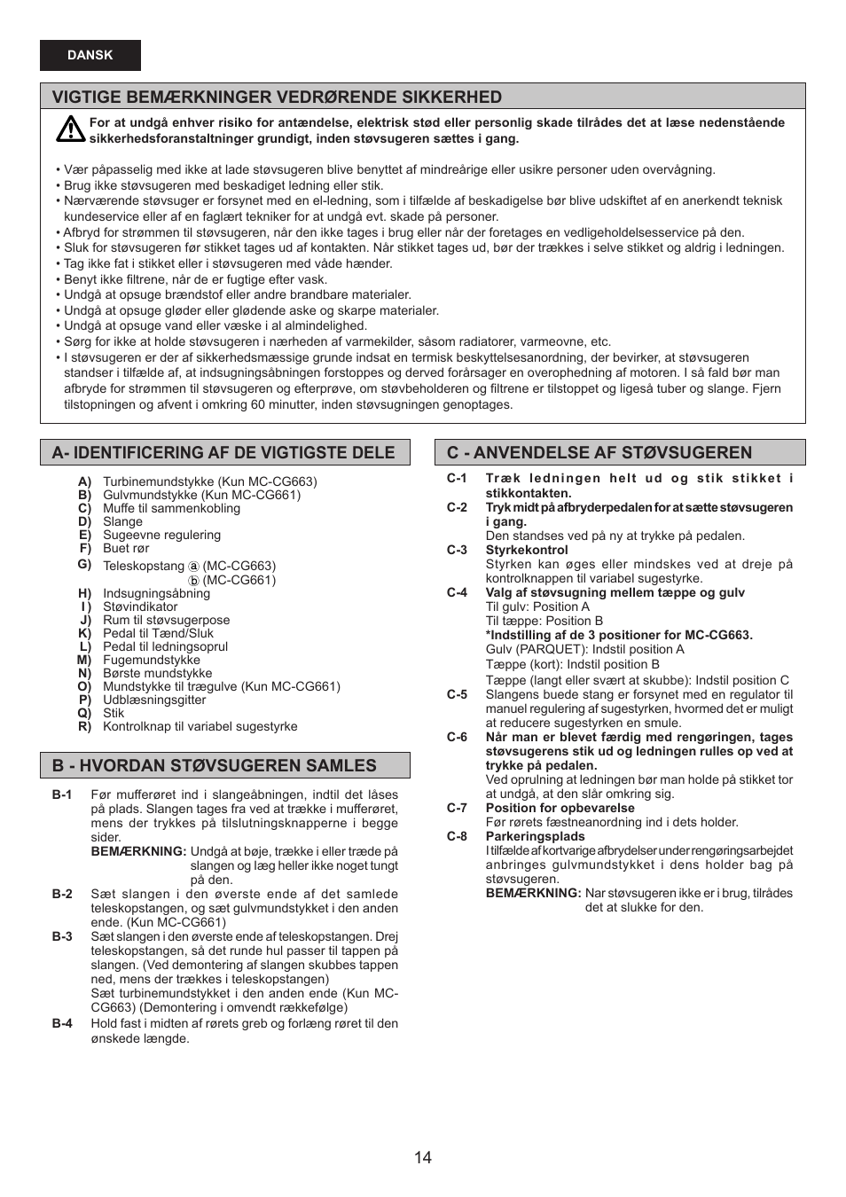 Vigtige bemærkninger vedrørende sikkerhed | Panasonic MCCG661 User Manual | Page 14 / 32