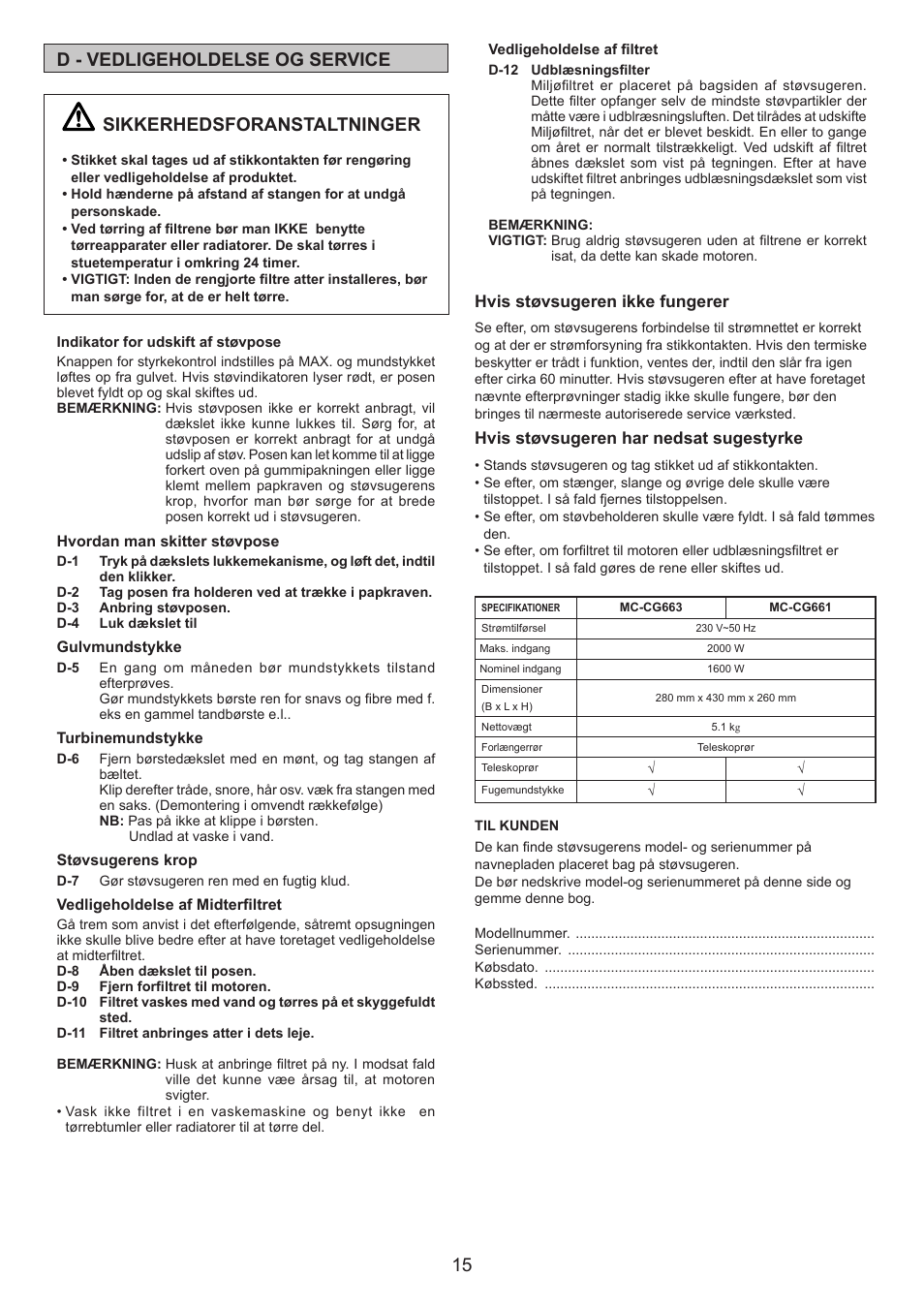 15 d - vedligeholdelse og service, Sikkerhedsforanstaltninger | Panasonic MCCG661 User Manual | Page 15 / 32