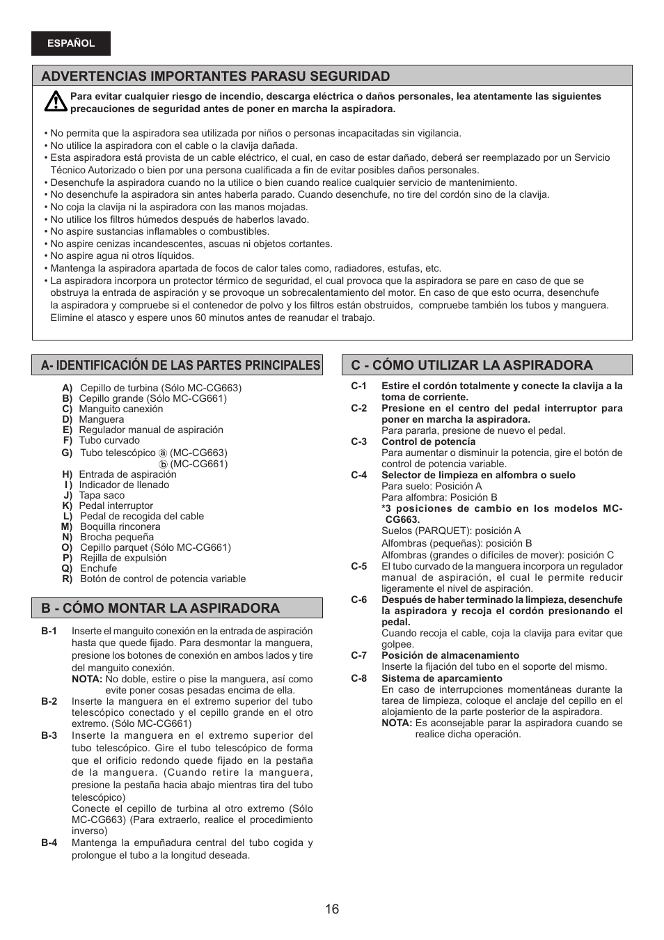 Advertencias importantes parasu seguridad | Panasonic MCCG661 User Manual | Page 16 / 32