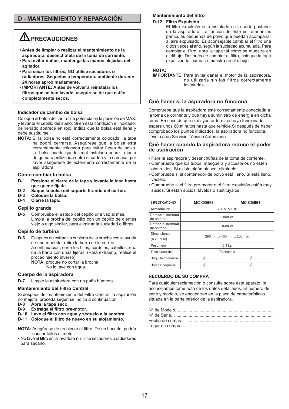 17 d - mantenimiento y reparación, Precauciones | Panasonic MCCG661 User Manual | Page 17 / 32