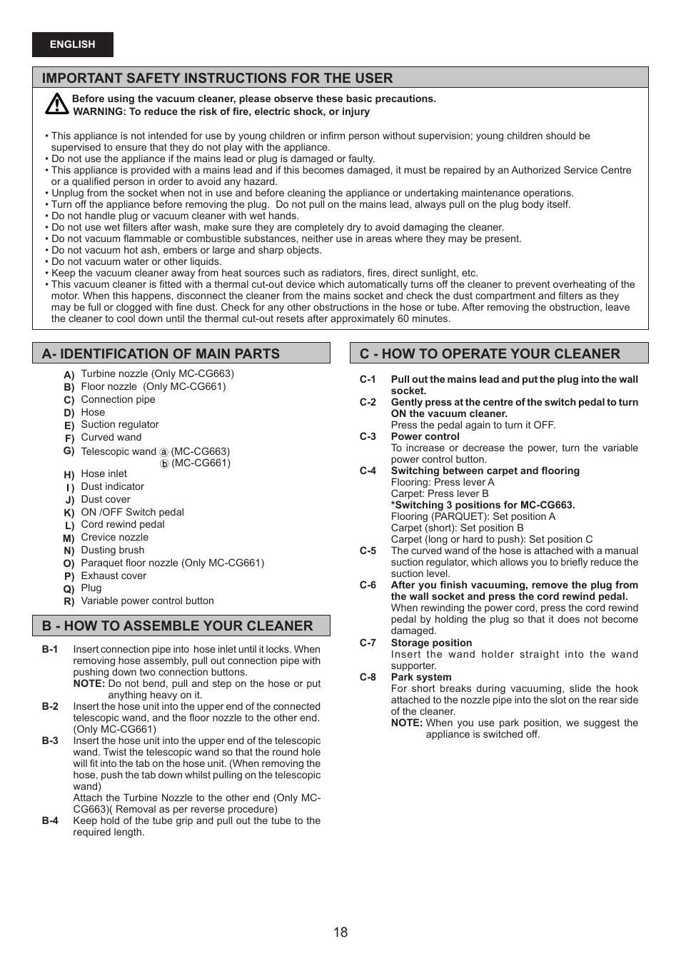 Important safety instructions for the user | Panasonic MCCG661 User Manual | Page 18 / 32