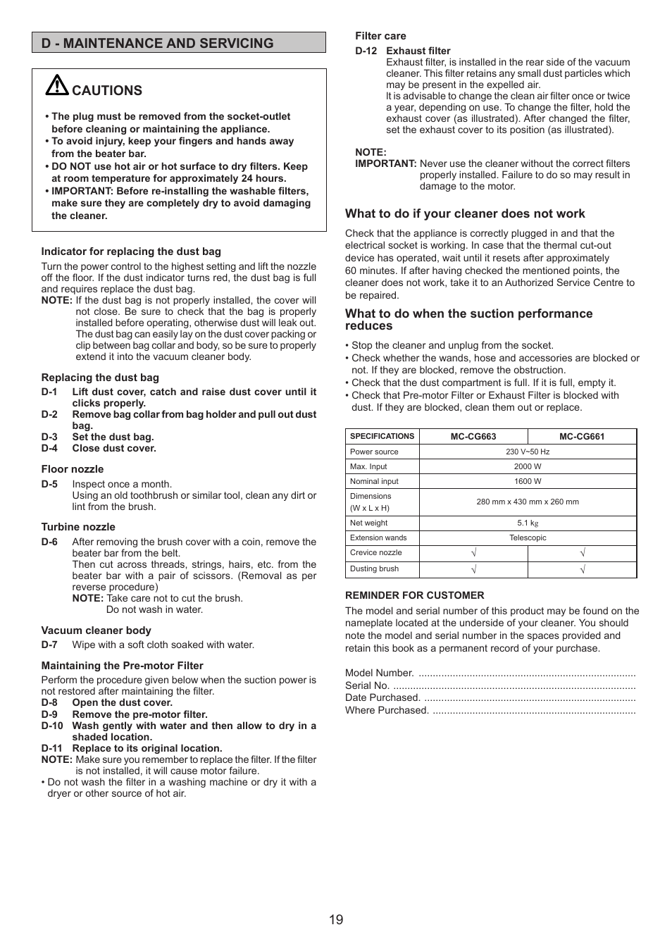 19 d - maintenance and servicing, Cautions | Panasonic MCCG661 User Manual | Page 19 / 32