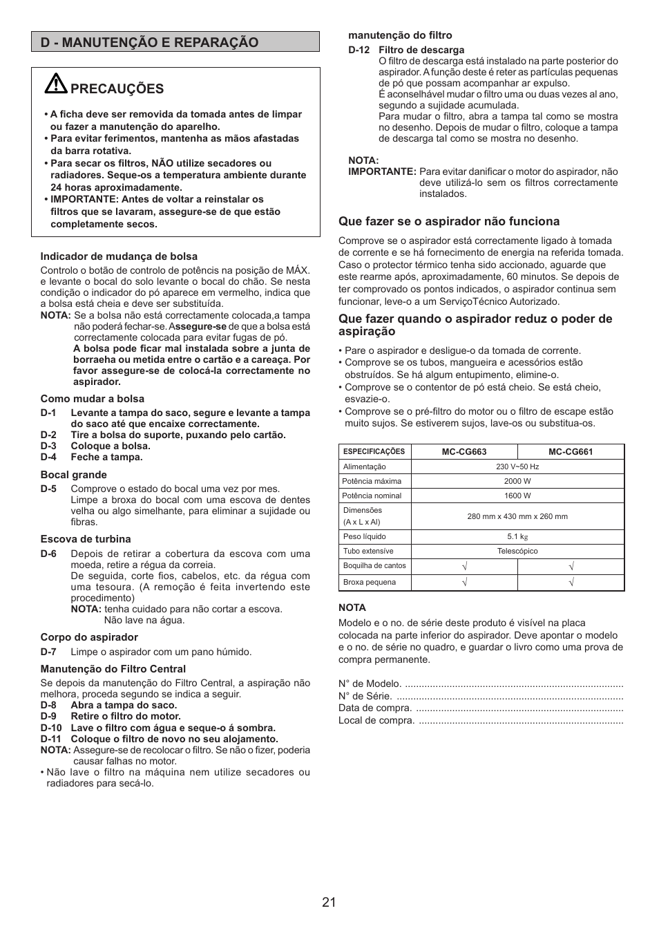 21 d - manutenção e reparação, Precauções | Panasonic MCCG661 User Manual | Page 21 / 32