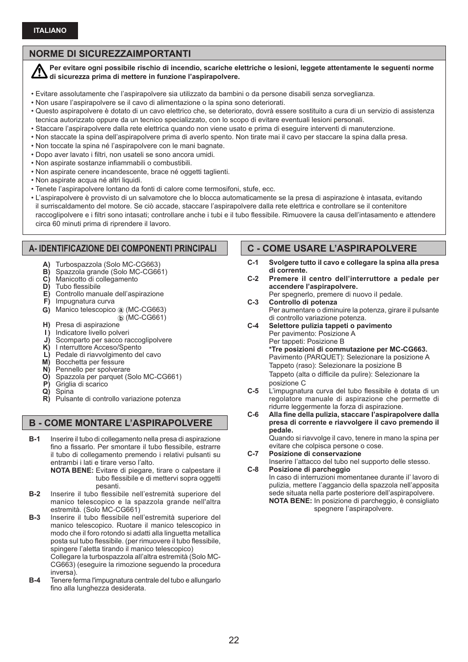 Norme di sicurezzaimportanti | Panasonic MCCG661 User Manual | Page 22 / 32