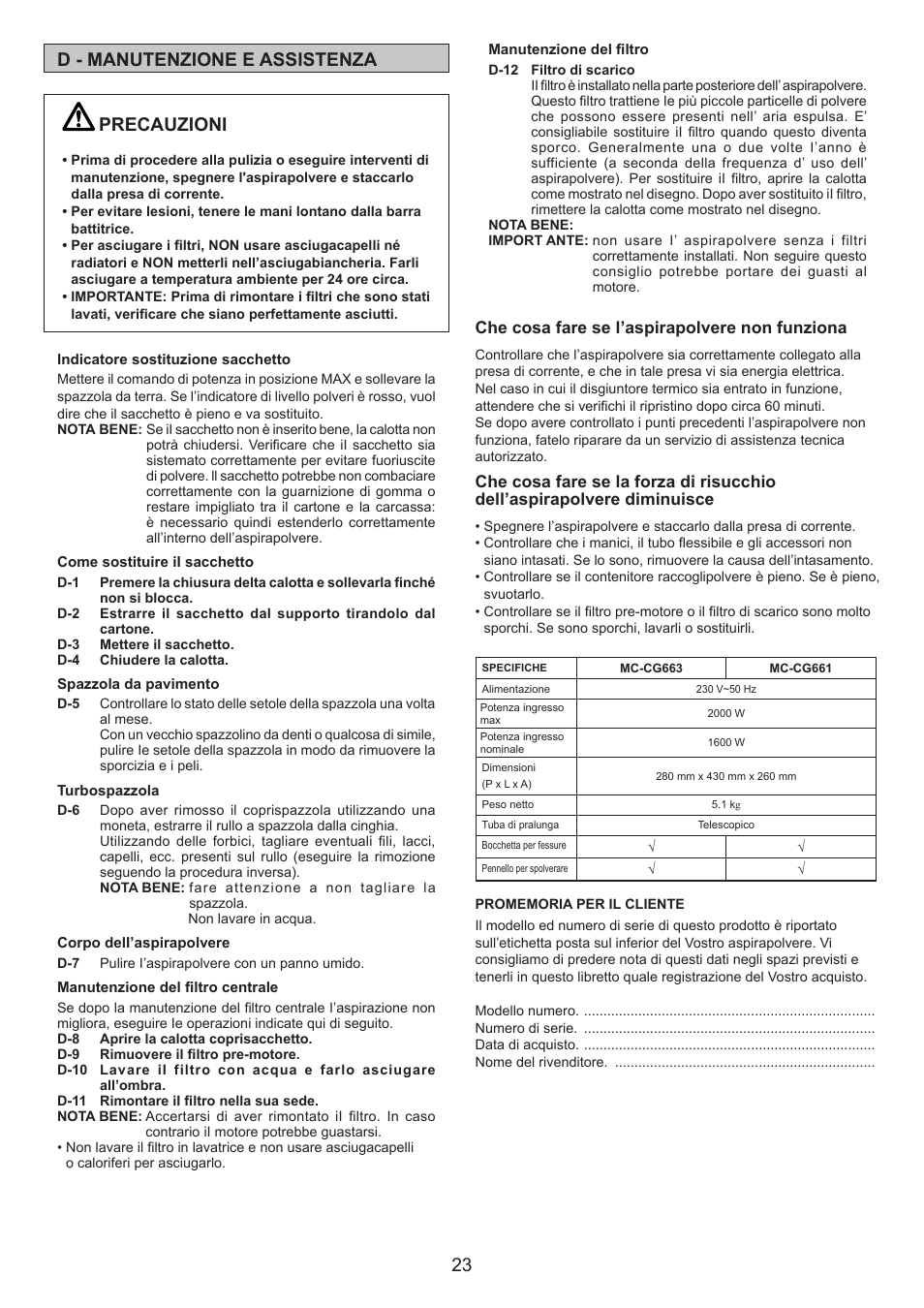 23 d - manutenzione e assistenza, Precauzioni | Panasonic MCCG661 User Manual | Page 23 / 32