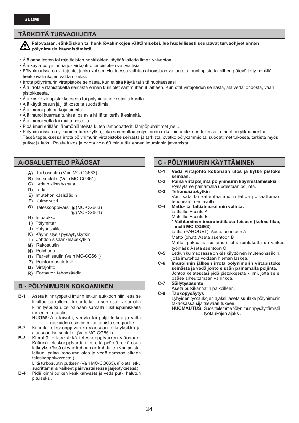 Tärkeitä turvaohjeita | Panasonic MCCG661 User Manual | Page 24 / 32