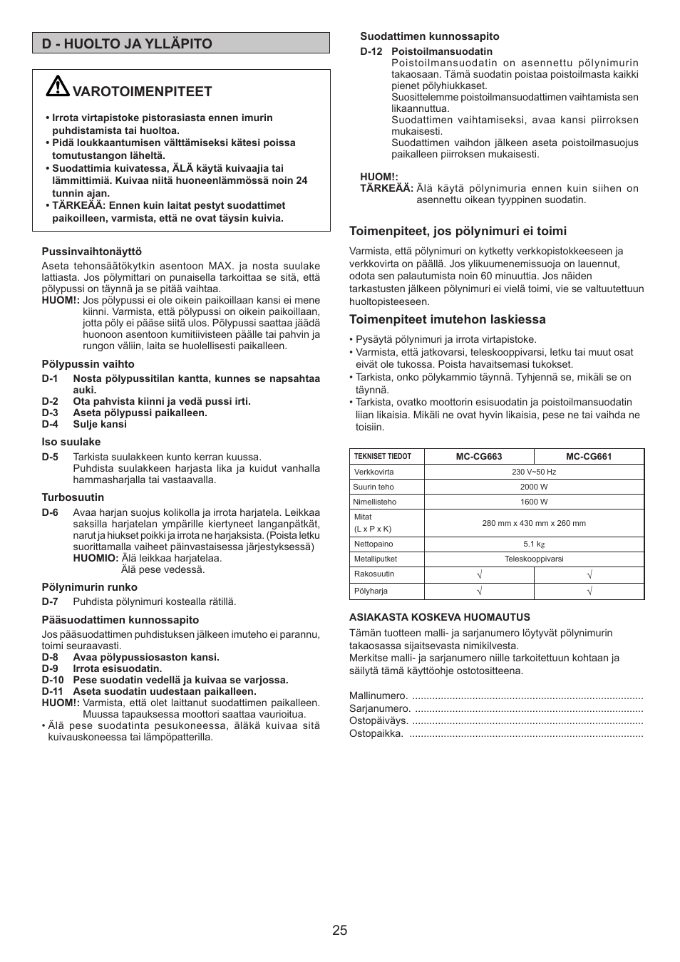 25 d - huolto ja ylläpito, Varotoimenpiteet | Panasonic MCCG661 User Manual | Page 25 / 32