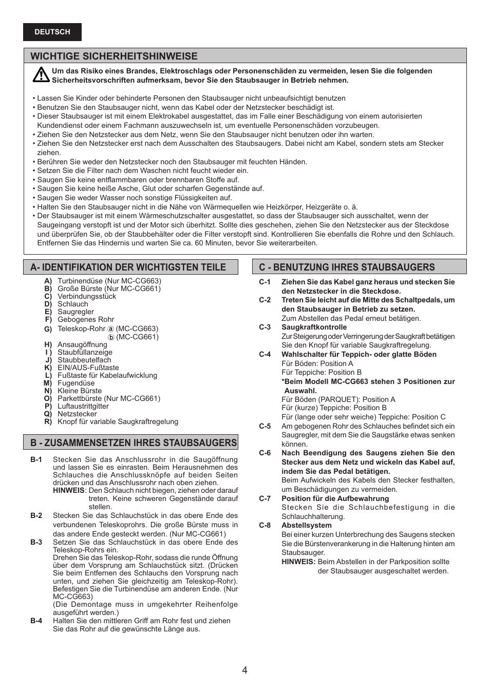 Wichtige sicherheitshinweise | Panasonic MCCG661 User Manual | Page 4 / 32