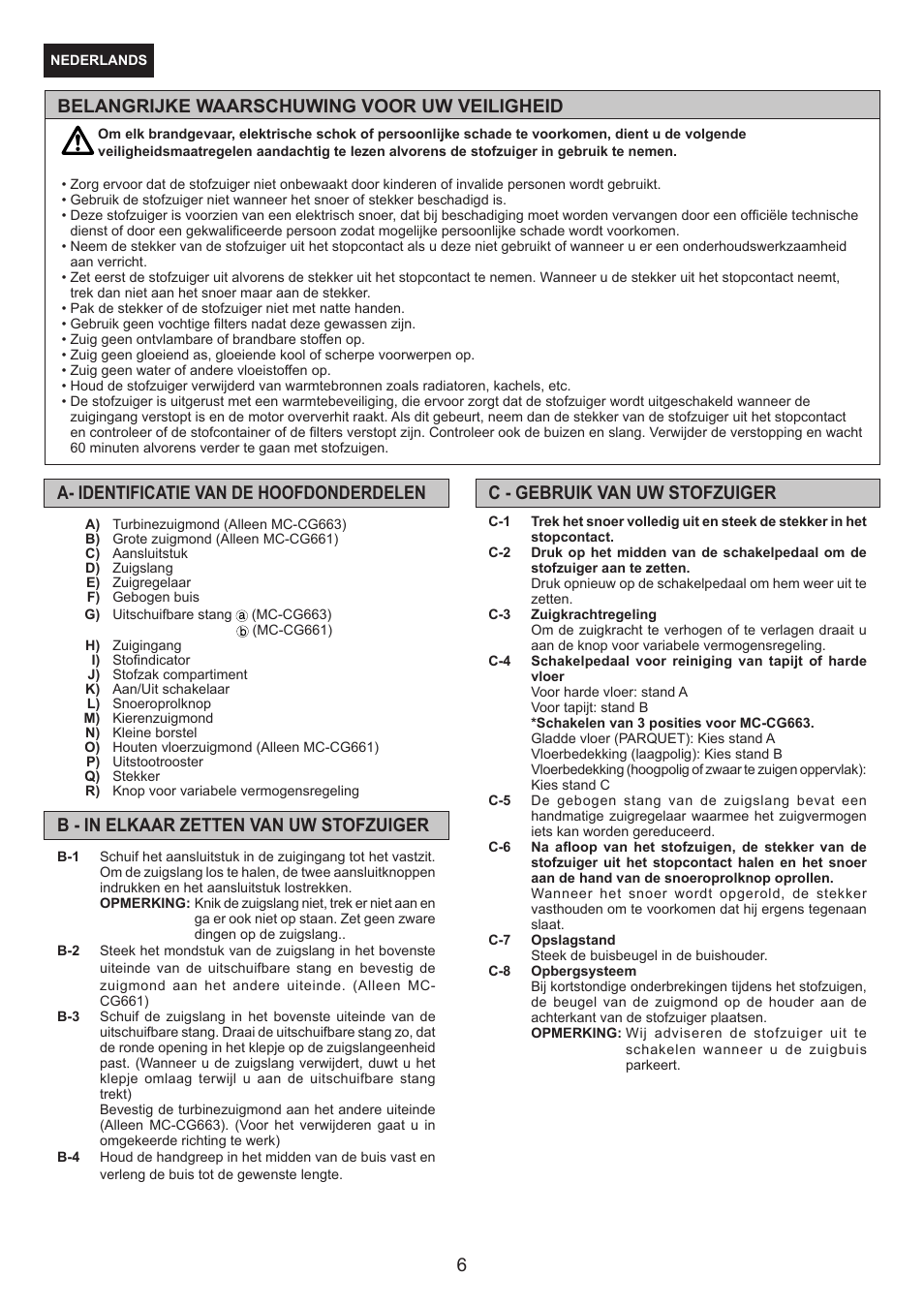 Belangrijke waarschuwing voor uw veiligheid | Panasonic MCCG661 User Manual | Page 6 / 32