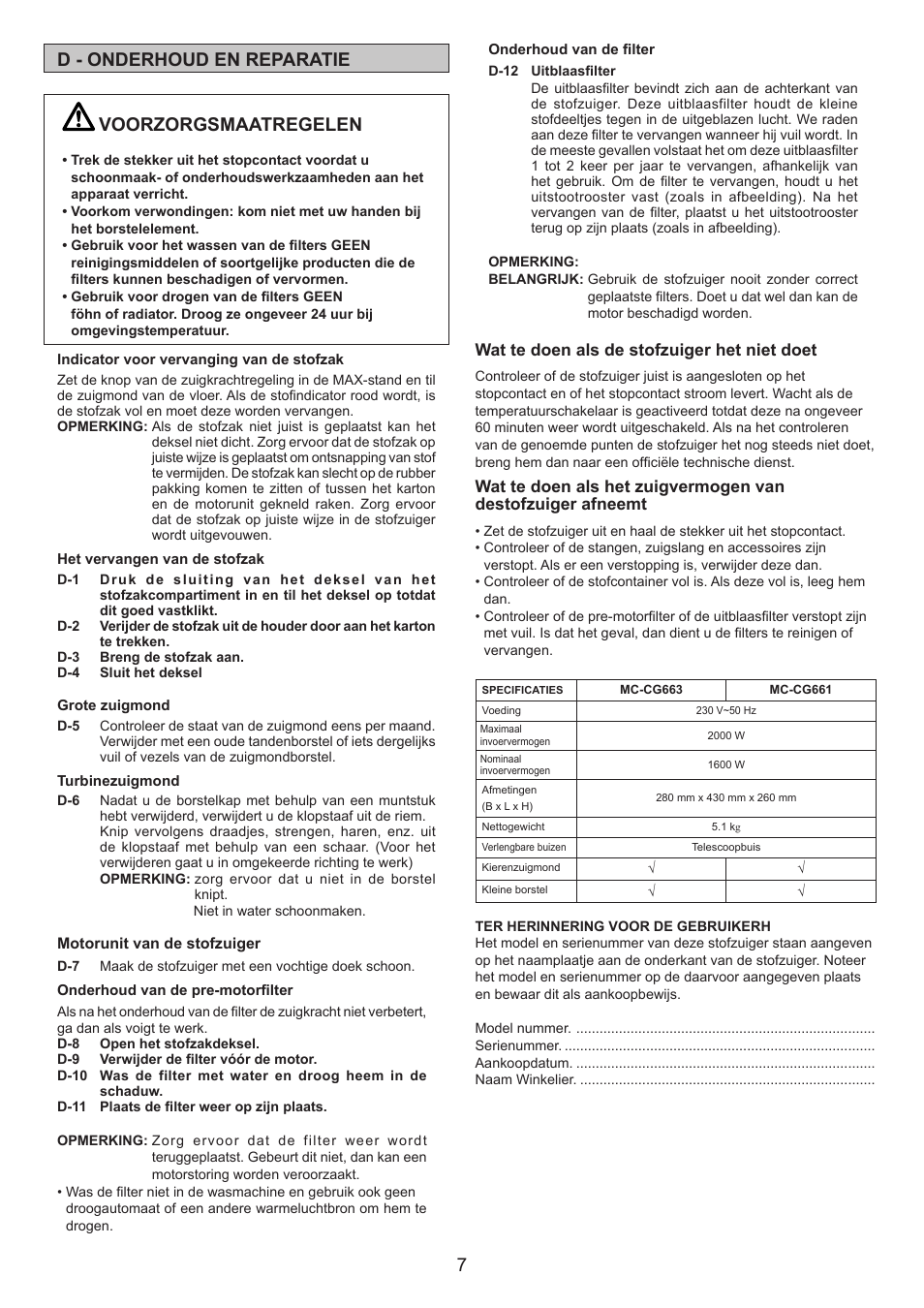 7d - onderhoud en reparatie, Voorzorgsmaatregelen | Panasonic MCCG661 User Manual | Page 7 / 32