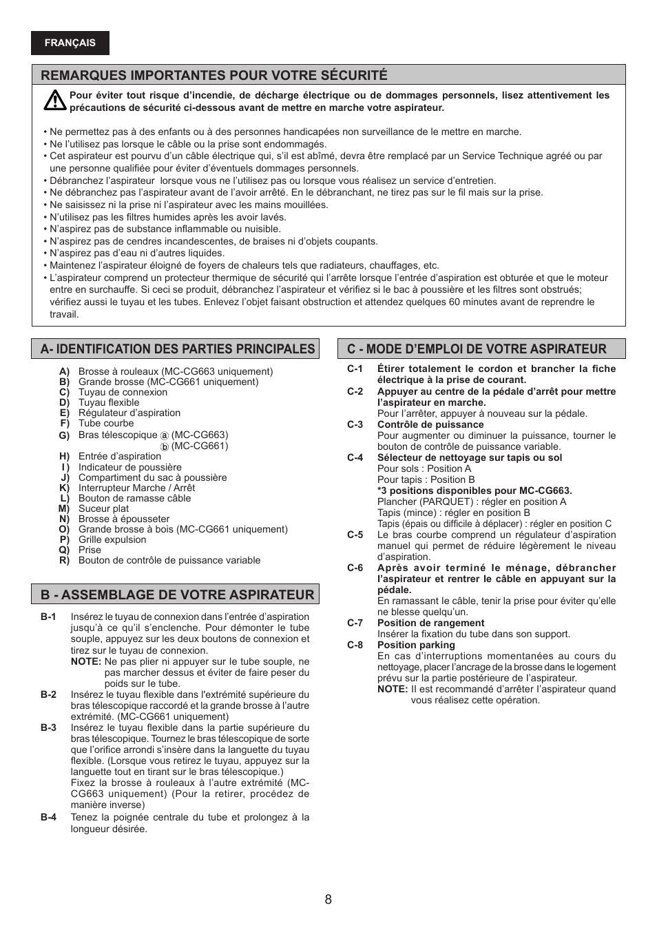 Remarques importantes pour votre sécurité | Panasonic MCCG661 User Manual | Page 8 / 32