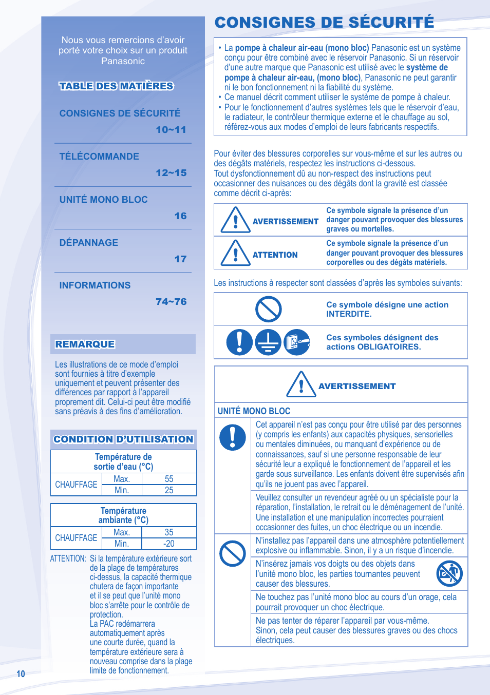 Consignes de sécurité | Panasonic WHMDF16C6E5 User Manual | Page 10 / 76