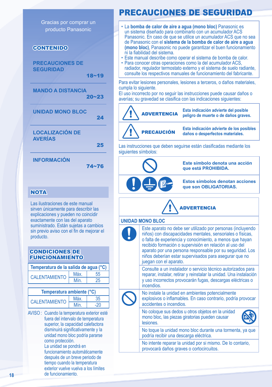 Precauciones de seguridad | Panasonic WHMDF16C6E5 User Manual | Page 18 / 76