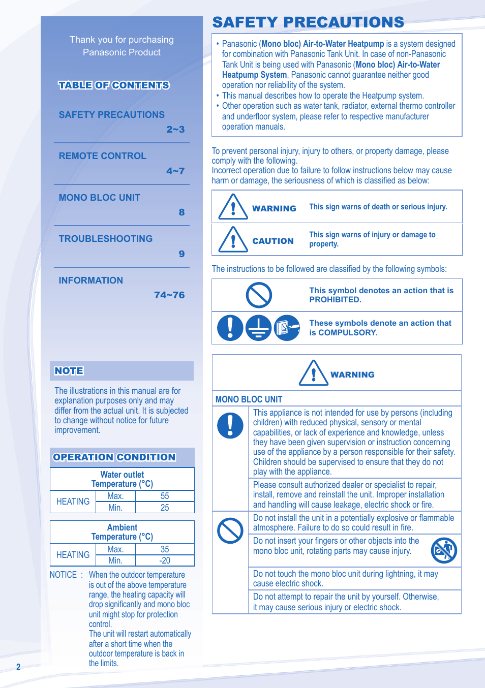 Safety precautions | Panasonic WHMDF16C6E5 User Manual | Page 2 / 76
