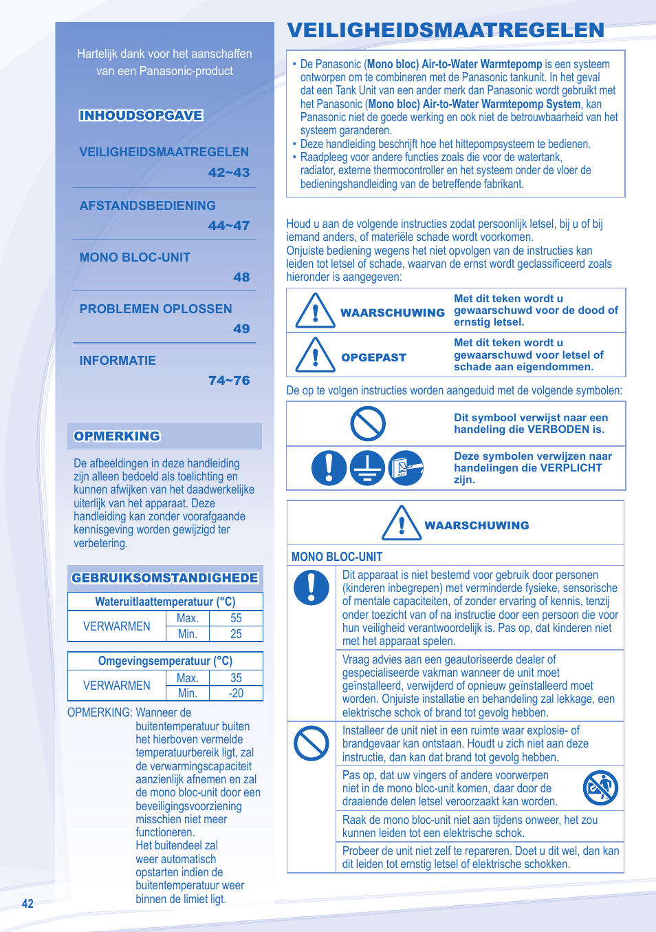 Veiligheidsmaatregelen | Panasonic WHMDF16C6E5 User Manual | Page 42 / 76