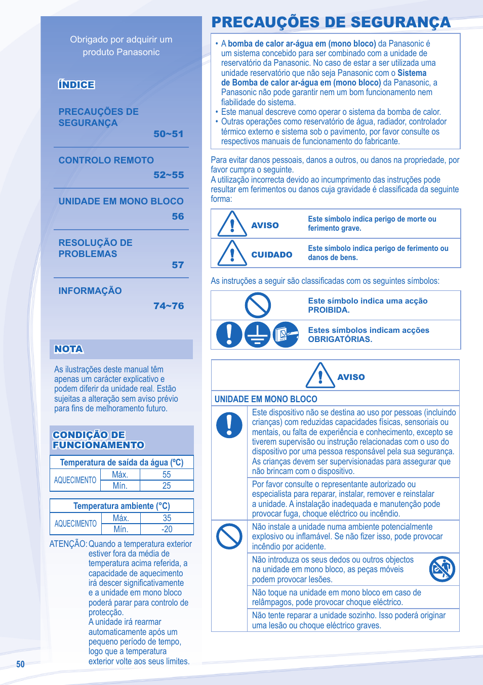 Precauções de segurança | Panasonic WHMDF16C6E5 User Manual | Page 50 / 76