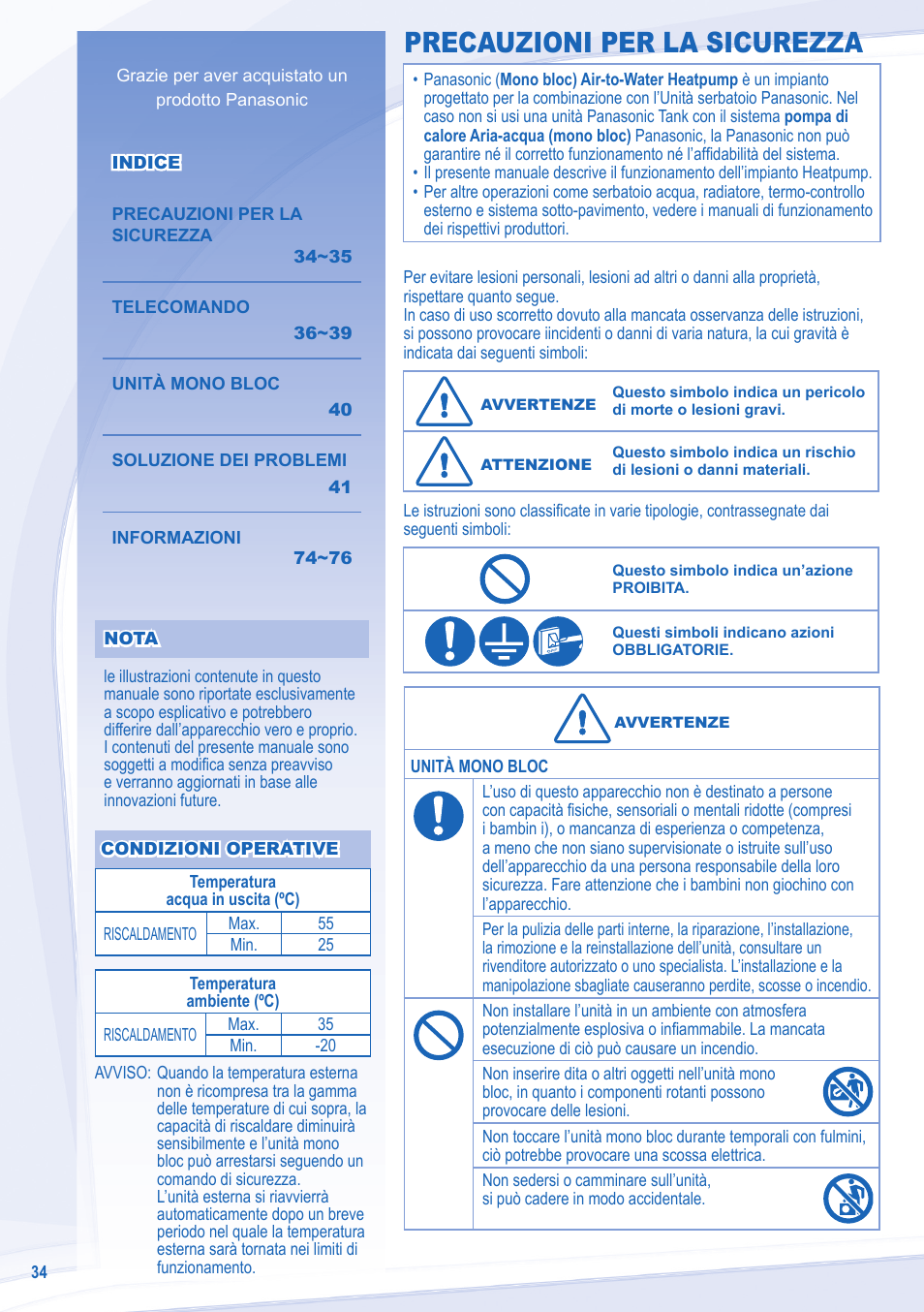 Precauzioni per la sicurezza | Panasonic WHMXF12D9E8 User Manual | Page 2 / 12