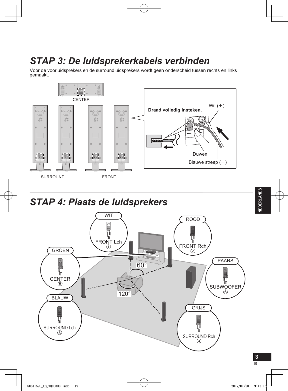 Stap 3: de luidsprekerkabels verbinden, Stap 4: plaats de luidsprekers | Panasonic SCBTT590EGK User Manual | Page 19 / 36