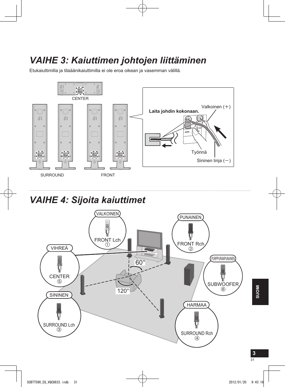 Vaihe 3: kaiuttimen johtojen liittäminen, Vaihe 4: sijoita kaiuttimet | Panasonic SCBTT590EGK User Manual | Page 31 / 36