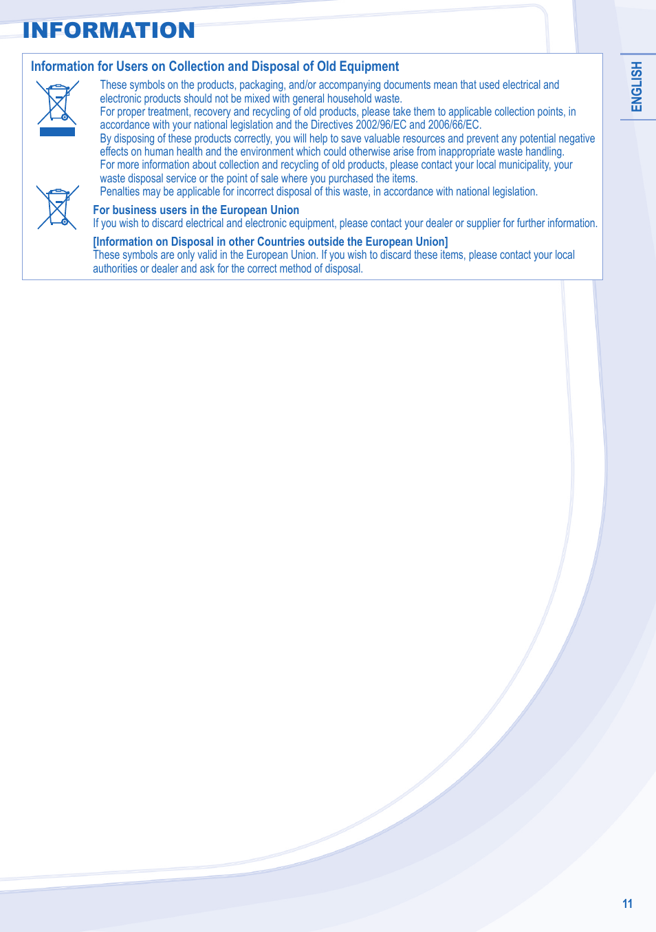 Information | Panasonic WHSXC12D6E5 User Manual | Page 11 / 92