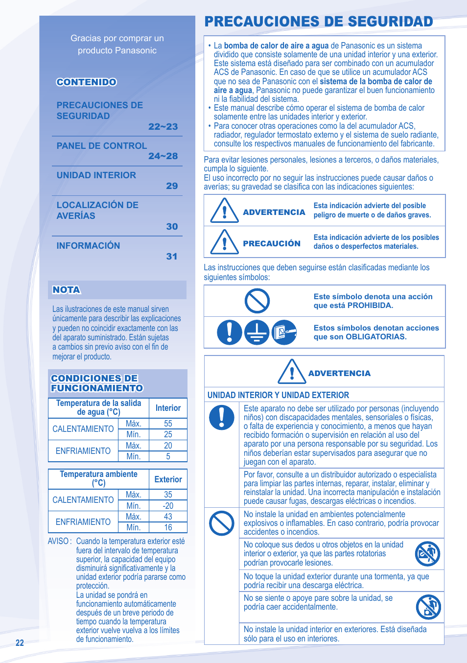 Precauciones de seguridad | Panasonic WHSXC12D6E5 User Manual | Page 22 / 92