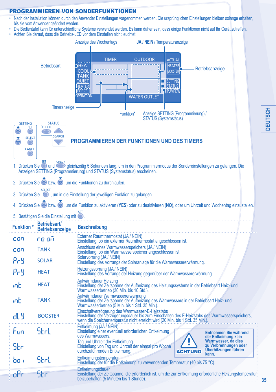 Deutsch, Programmieren von sonderfunktionen, Programmieren der funktionen und des timers | Panasonic WHSXC12D6E5 User Manual | Page 35 / 92