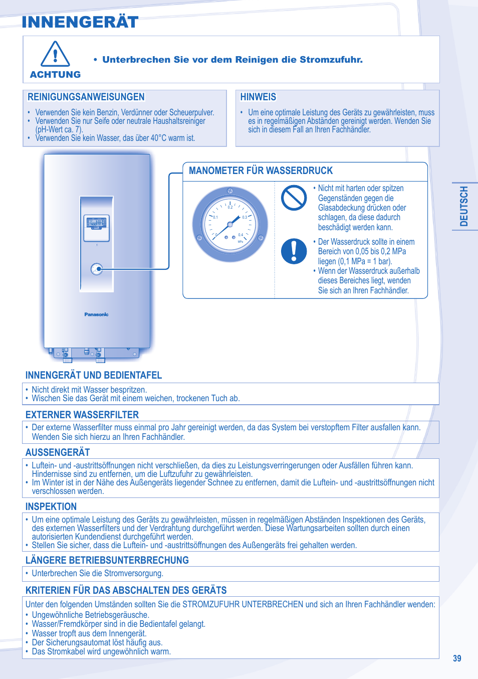 Innengerät, Deutsch, Manometer für wasserdruck | Reinigungsanweisungen, Reinigungsanweisungen hinweis hinweis, Innengerät und bedientafel, Externer wasserfilter, Aussengerät, Inspektion, Längere betriebsunterbrechung | Panasonic WHSXC12D6E5 User Manual | Page 39 / 92