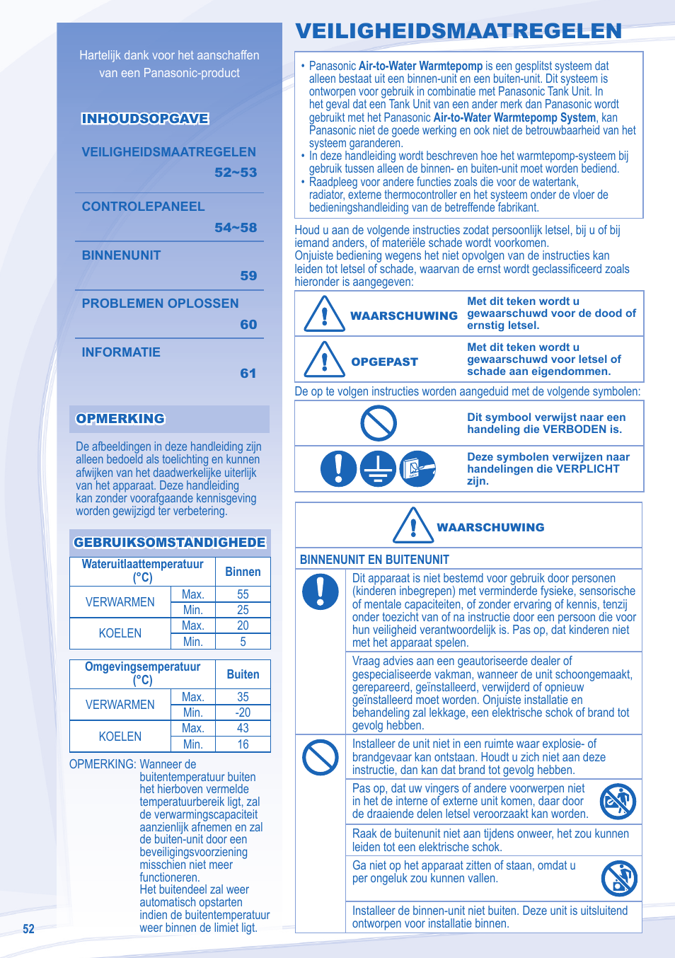 Veiligheidsmaatregelen | Panasonic WHSXC12D6E5 User Manual | Page 52 / 92