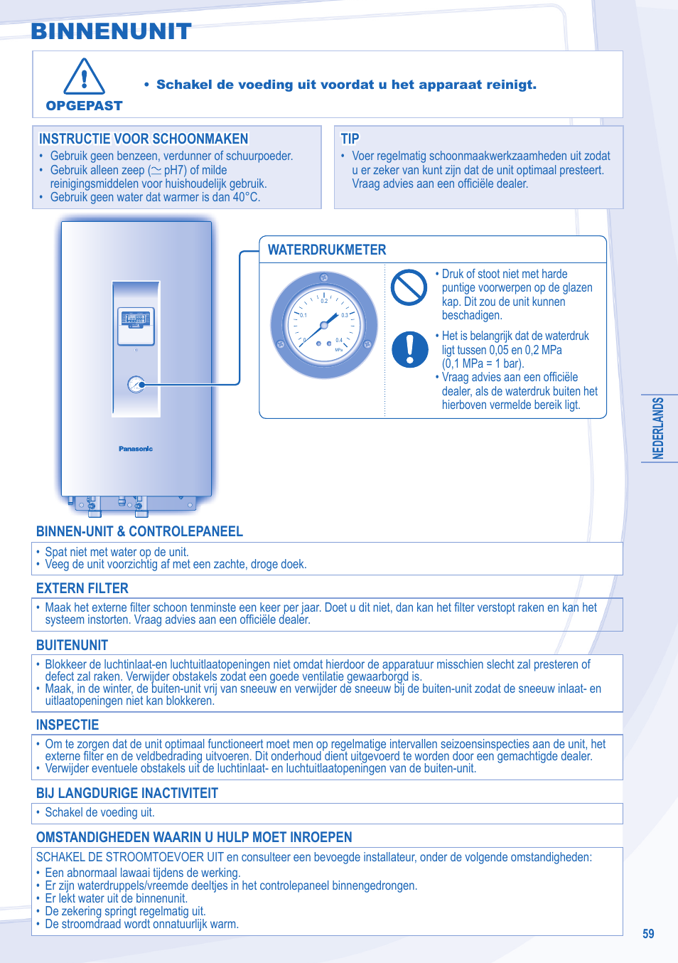 Binnenunit, Nederlands, Waterdrukmeter | Instructie voor schoonmaken, Instructie voor schoonmaken tip tip, Binnen-unit & controlepaneel, Extern filter, Buitenunit, Inspectie, Bij langdurige inactiviteit | Panasonic WHSXC12D6E5 User Manual | Page 59 / 92