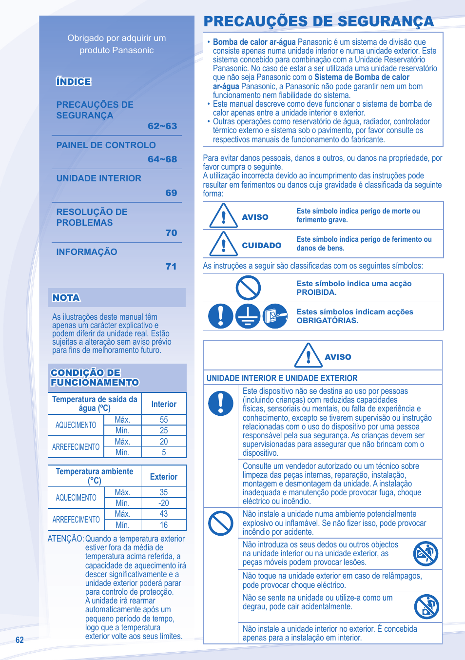 Precauções de segurança | Panasonic WHSXC12D6E5 User Manual | Page 62 / 92