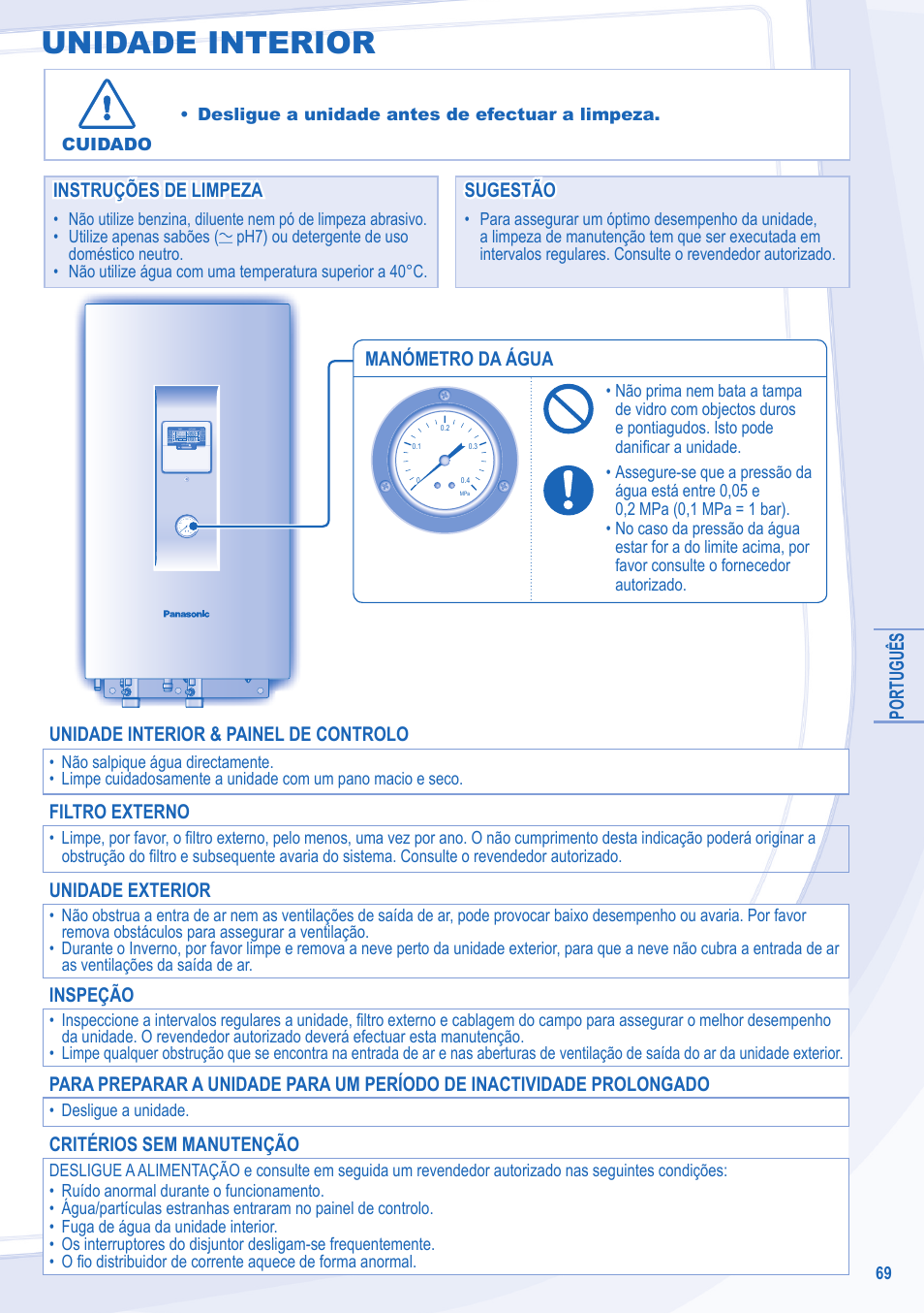Unidade interior, Português, Manómetro da água | Instruções de limpeza, Instruções de limpeza sugestão sugestão, Unidade interior & painel de controlo, Filtro externo, Unidade exterior, Inspeção, Critérios sem manutenção | Panasonic WHSXC12D6E5 User Manual | Page 69 / 92