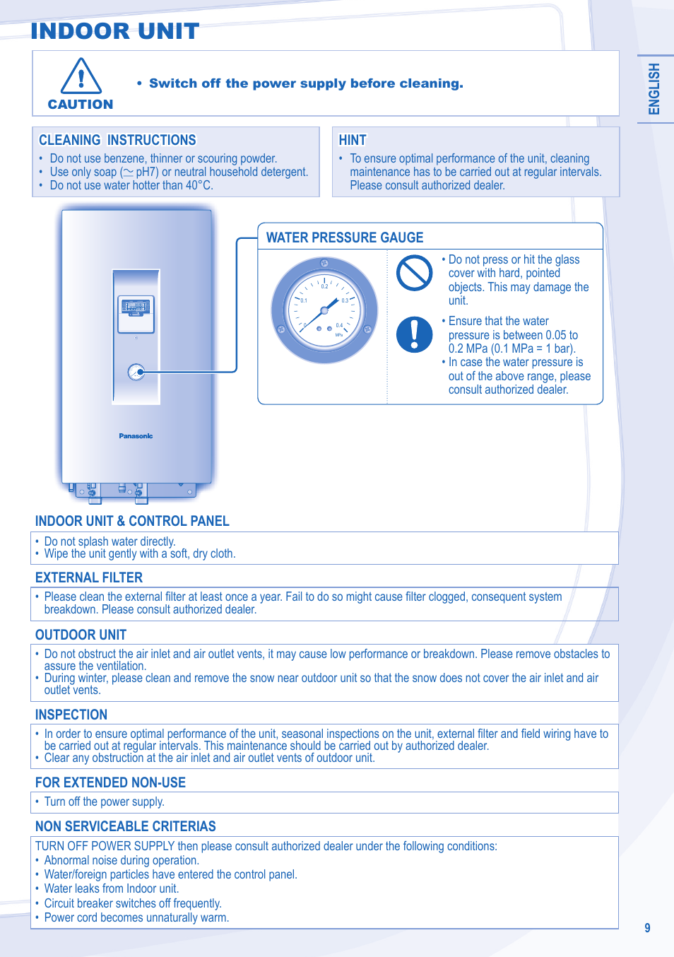 Indoor unit, English, Water pressure gauge | Cleaning instructions, Cleaning instructions hint hint, Indoor unit & control panel, External filter, Outdoor unit, Inspection, For extended non-use | Panasonic WHSXC12D6E5 User Manual | Page 9 / 92
