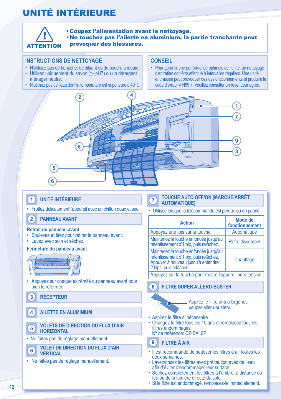 Unité intérieure | Panasonic CURE24JKX1 User Manual | Page 12 / 44