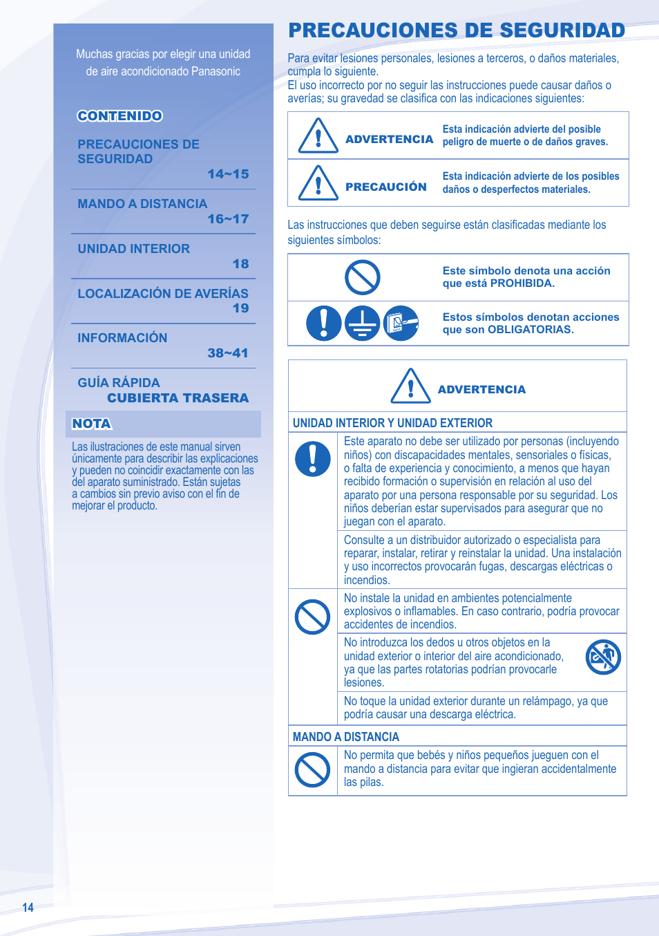 Precauciones de seguridad | Panasonic CURE24JKX1 User Manual | Page 14 / 44