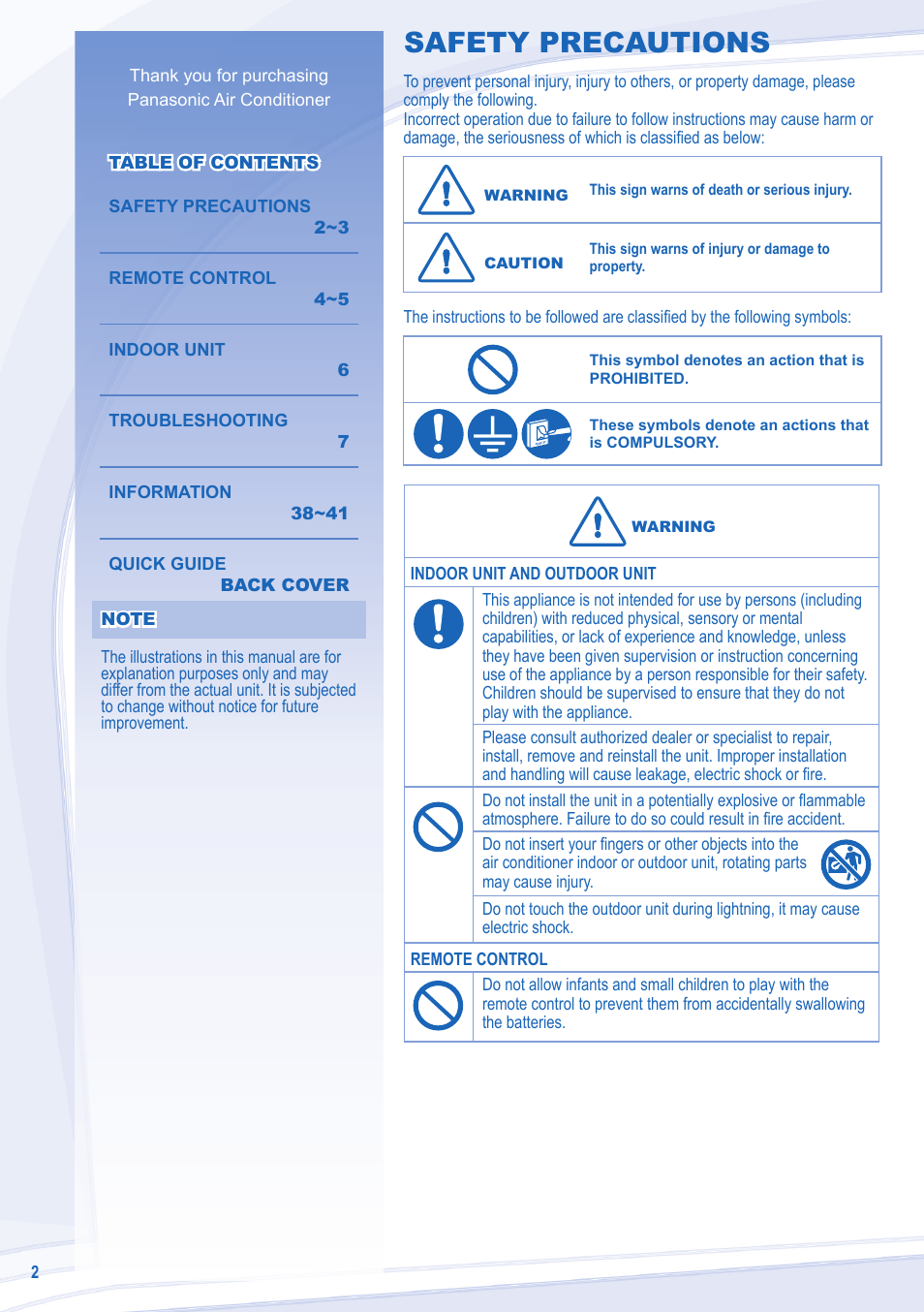 Safety precautions | Panasonic CURE24JKX1 User Manual | Page 2 / 44