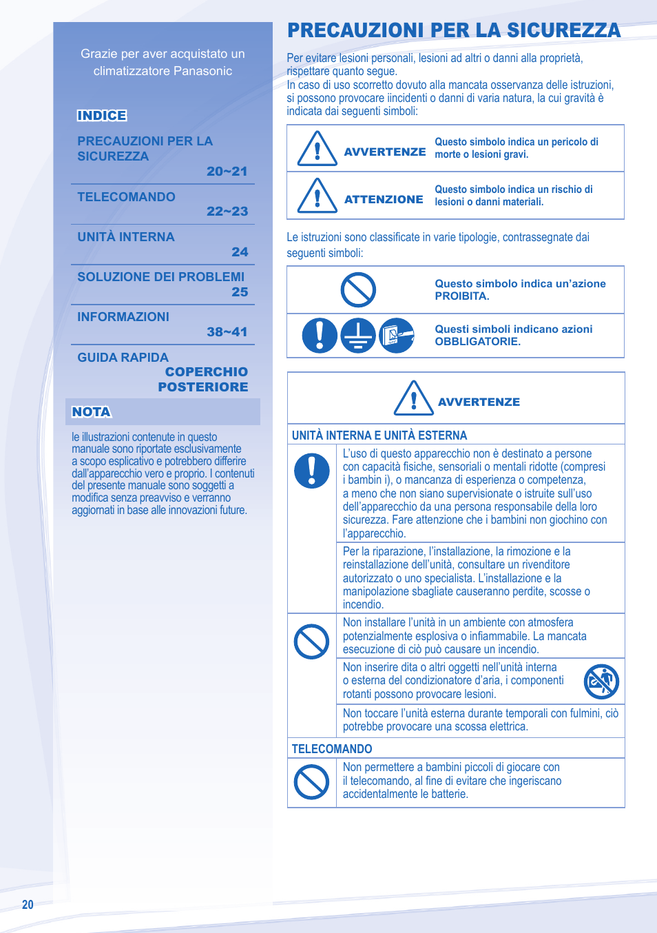 Precauzioni per la sicurezza | Panasonic CURE24JKX1 User Manual | Page 20 / 44