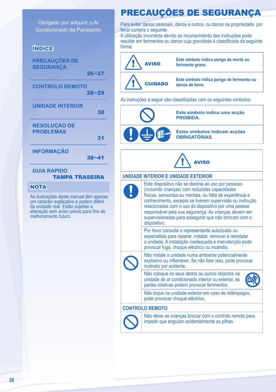 Precauções de segurança | Panasonic CURE24JKX1 User Manual | Page 26 / 44